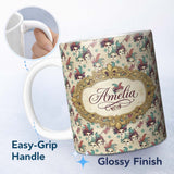 Personalized Custom Name Golden Venetian Masks with Decorative Elements on Cream Seamless 11oz Ceramic Coffee Tea Mug White Large Handle