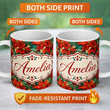 Personalized Custom Name Painterly Red Poinsettia Green Leaves Festive Seamless Pattern 11oz Ceramic Coffee Tea Mug White Large Handle