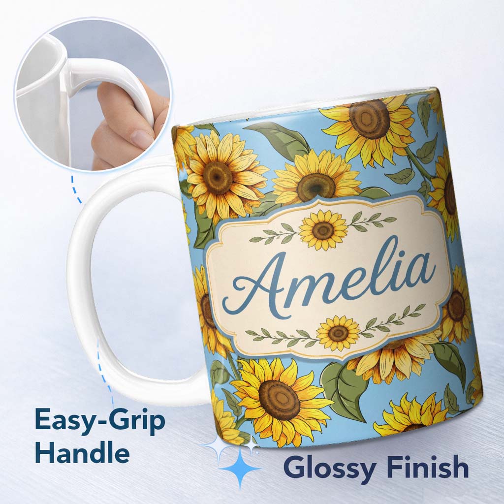 Personalized Custom Name Bright Yellow Sunflower Blue Background Seamless Pattern Name Cute 11oz Ceramic Coffee Tea Mug White Large Handle