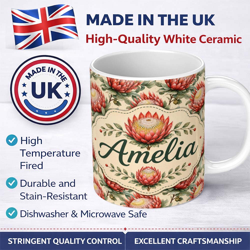 Personalized Custom Name Soft Red Protea Floral Botanical Seamless Pattern Cute Unique Gift 11oz Ceramic Coffee Tea Mug White Large Handle