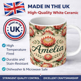 Personalized Custom Name Soft Red Protea Floral Botanical Seamless Pattern Cute Unique Gift 11oz Ceramic Coffee Tea Mug White Large Handle