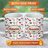 Personalized Custom Name Christmas Hat Mittens Candy Cane Holly Snowflake Seamless Pattern 11oz Ceramic Coffee Tea Mug White Large Handle