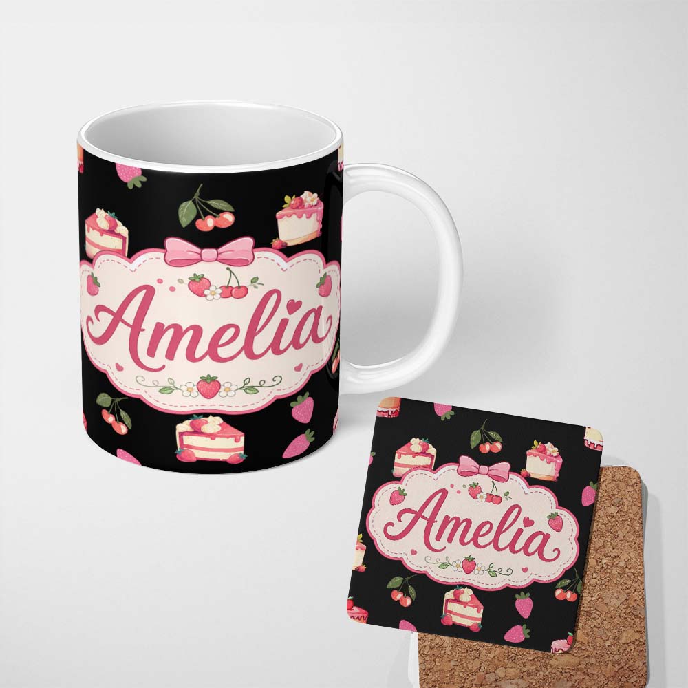 Personalized Custom Name Cute Chocolate Bars and Creamy Milkshakes with Strawberries Seamless 11oz Ceramic Coffee Tea Mug White Large Handle