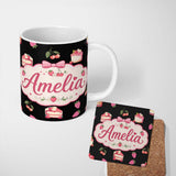 Personalized Custom Name Cute Chocolate Bars and Creamy Milkshakes with Strawberries Seamless 11oz Ceramic Coffee Tea Mug White Large Handle