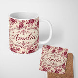 Personalized Custom Name Vintage Burgundy Floral Bouquet Seamless Pattern on Soft Beige 11oz Ceramic Coffee Tea Mug White Large Handle