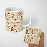Personalized Custom Name Vintage Christmas Typography Santa Claus Collage Seamless Pattern 11oz Ceramic Coffee Tea Mug White Large Handle