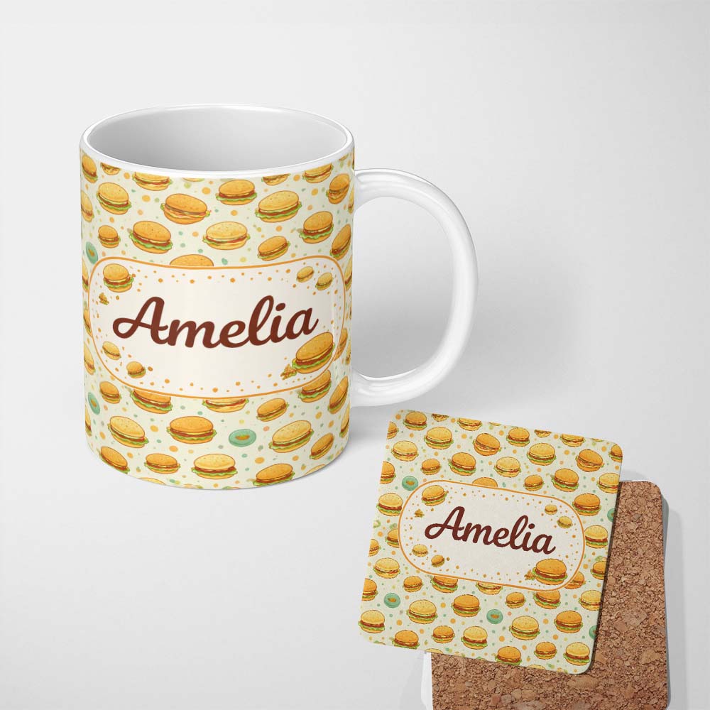 Personalized Custom Name Cute Mini Burger Seamless Pattern Mint Green Background Fast Food 11oz Ceramic Coffee Tea Mug White Large Handle