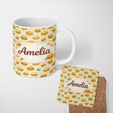 Personalized Custom Name Cute Mini Burger Seamless Pattern Mint Green Background Fast Food 11oz Ceramic Coffee Tea Mug White Large Handle