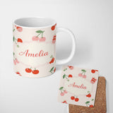 Personalized Custom Name Cherry Fruit Light Lavender Background Minimal Seamless Pattern 11oz Ceramic Coffee Tea Mug White Large Handle