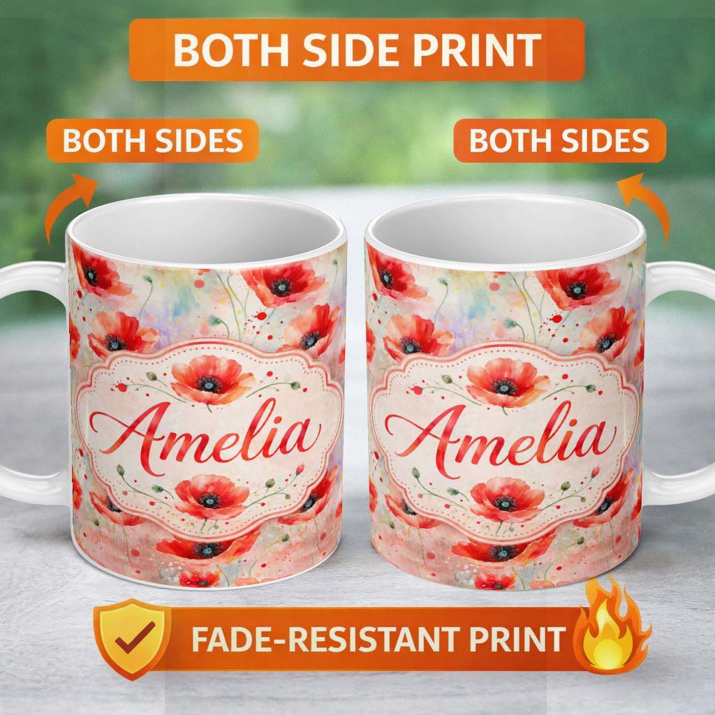 Personalized Custom Name Watercolor Red Poppy Flowers Soft Artistic Seamless Pattern Lovely 11oz Ceramic Coffee Tea Mug White Large Handle