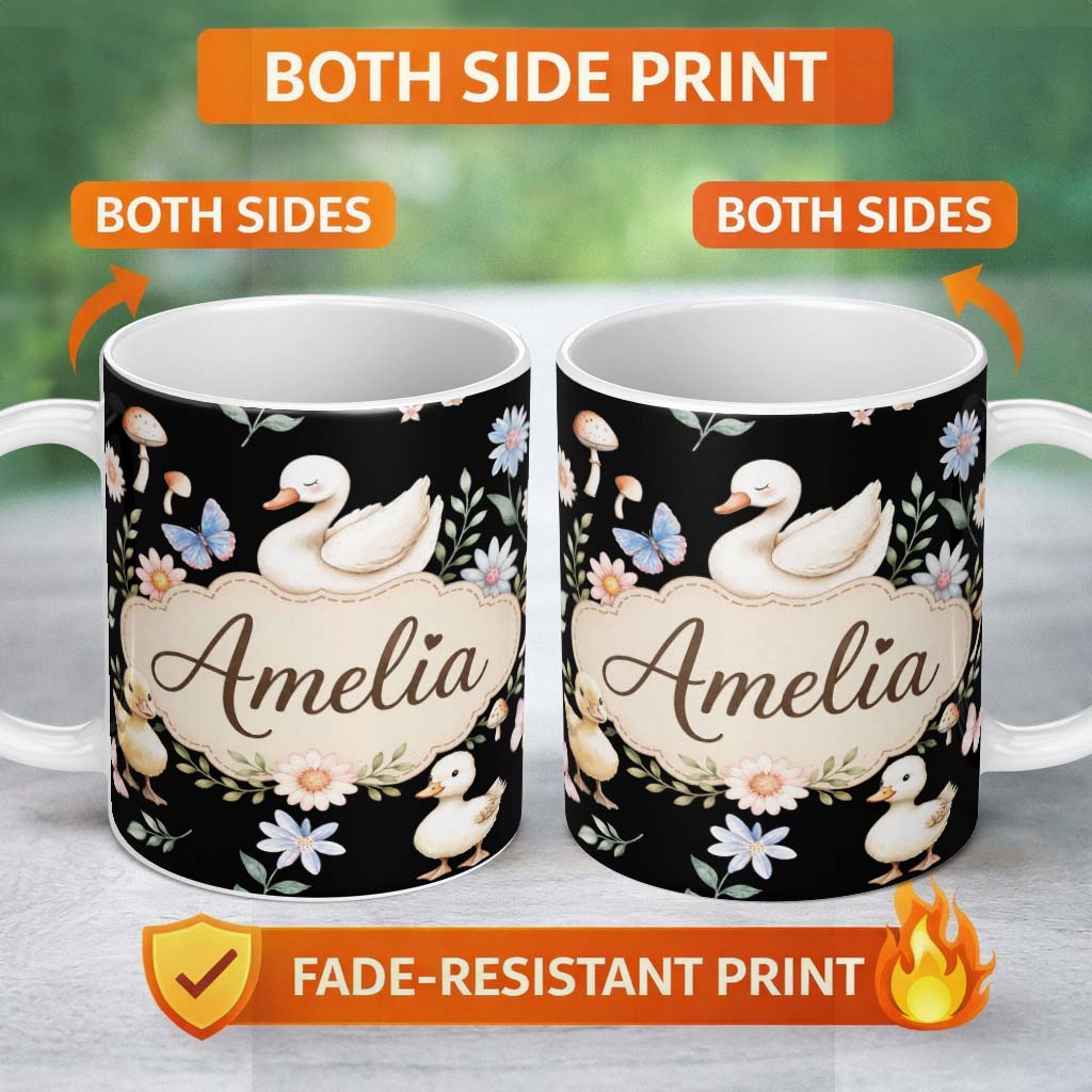 Personalized Custom Name Swan Duckling Butterflies Flowers Mushrooms Soft Watercolor 11oz Ceramic Coffee Tea Mug White Large Handle