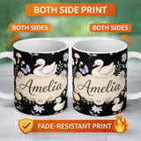 Personalized Custom Name Swan Duckling Butterflies Flowers Mushrooms Soft Watercolor 11oz Ceramic Coffee Tea Mug White Large Handle
