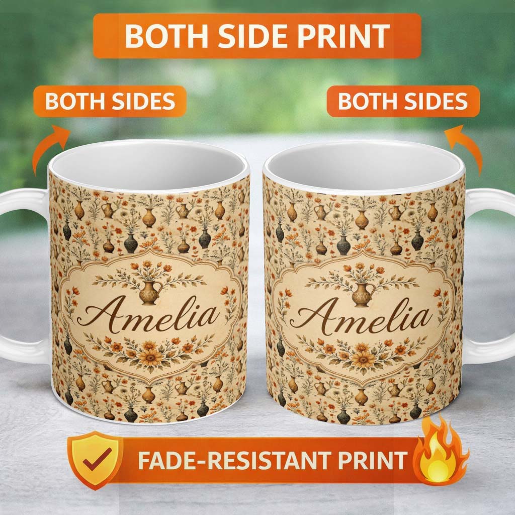 Personalized Custom Name Antique Floral Vase Seamless Pattern Classic Botanical Pottery 11oz Ceramic Coffee Tea Mug White Large Handle