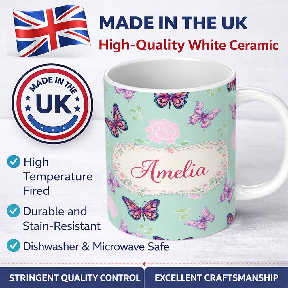 Personalized Custom Name Pink Purple Butterfly Floral Teal Background Seamless Pattern Lovely 11oz Ceramic Coffee Tea Mug White Large Handle