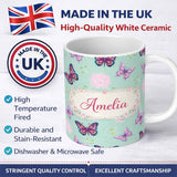 Personalized Custom Name Pink Purple Butterfly Floral Teal Background Seamless Pattern Lovely 11oz Ceramic Coffee Tea Mug White Large Handle