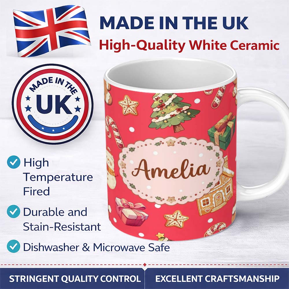 Personalized Custom Name Cute Gingerbread Man Christmas Tree Candy Cane Holiday Pattern Red 11oz Ceramic Coffee Tea Mug White Large Handle