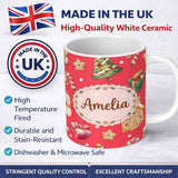 Personalized Custom Name Cute Gingerbread Man Christmas Tree Candy Cane Holiday Pattern Red 11oz Ceramic Coffee Tea Mug White Large Handle