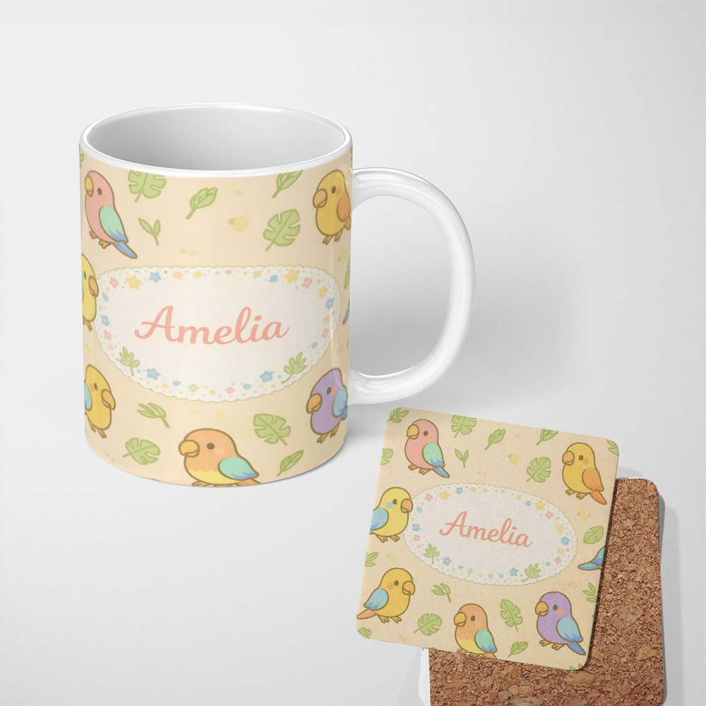 Personalized Custom Name Cute Tropical Parrot Cartoon Animal Pattern Charming Kitchen Decor 11oz Ceramic Coffee Tea Mug White Large Handle