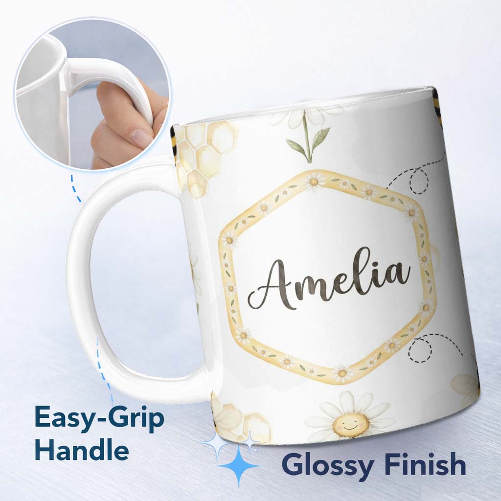 Personalized Custom Name Soft Honey Bee and Daisy Garden Seamless Pattern Cute Unique Gift 11oz Ceramic Coffee Tea Mug White Large Handle
