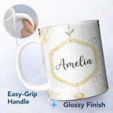 Personalized Custom Name Soft Honey Bee and Daisy Garden Seamless Pattern Cute Unique Gift 11oz Ceramic Coffee Tea Mug White Large Handle