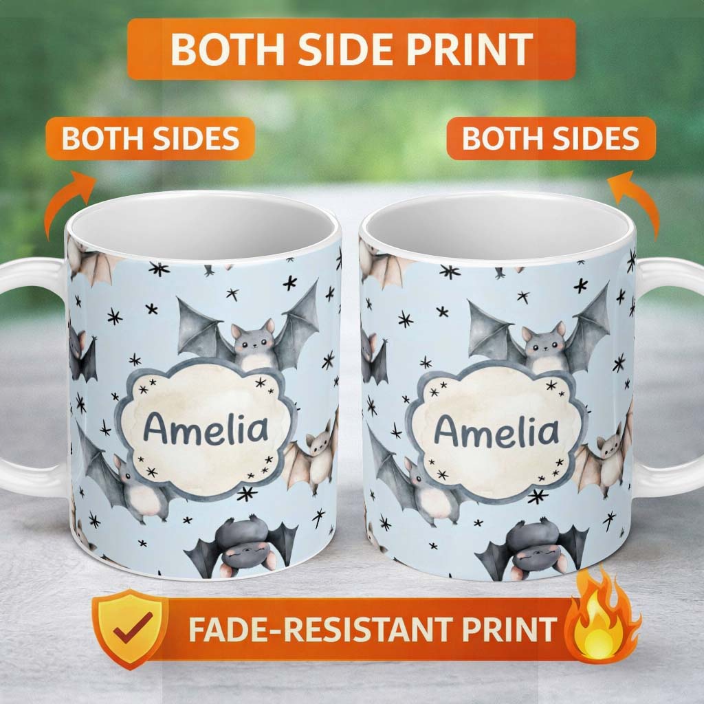 Personalized Custom Name Cute Baby Bats with Stars Night Sky Blue Background Seamless 11oz Ceramic Coffee Tea Mug White Large Handle