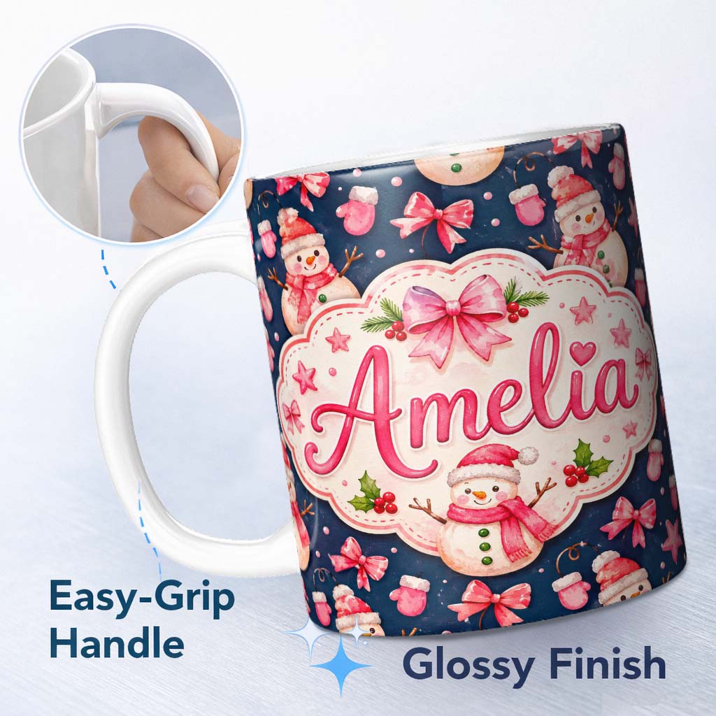 Personalized Custom Name Watercolor Snowman Mittens Stars Winter Seamless Pattern Lovely 11oz Ceramic Coffee Tea Mug White Large Handle