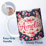 Personalized Custom Name Watercolor Snowman Mittens Stars Winter Seamless Pattern Lovely 11oz Ceramic Coffee Tea Mug White Large Handle