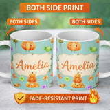 Personalized Custom Name Cute Watercolor Pumpkins and Candy Sweets on Light Grey Background 11oz Ceramic Coffee Tea Mug White Large Handle
