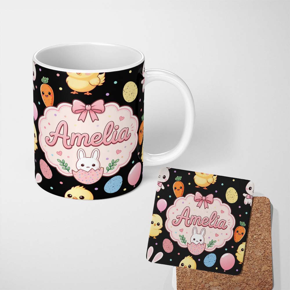 Personalized Custom Name Cute Easter Bunny Chick Carrots Eggs Polka Dot Pattern Black Lovely 11oz Ceramic Coffee Tea Mug White Large Handle