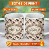 Personalized Custom Name Dark Raven Bird with Roses Vintage Style Seamless Pattern Lovely 11oz Ceramic Coffee Tea Mug White Large Handle