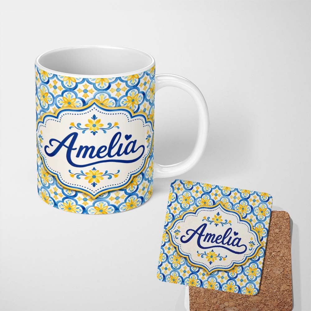 Personalized Custom Name Blue and Yellow Mediterranean Tile Pattern with Floral Motifs Lovely 11oz Ceramic Coffee Tea Mug White Large Handle