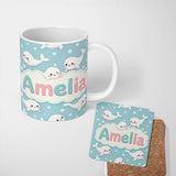 Personalized Custom Name Cute Baby Seals Ocean Bubbles Kawaii Marine Seamless Pattern Lovely 11oz Ceramic Coffee Tea Mug White Large Handle