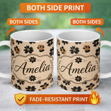 Personalized Custom Name Modern Minimal Floral and Leopard Mix Black FlowersTextured Beige 11oz Ceramic Coffee Tea Mug White Large Handle