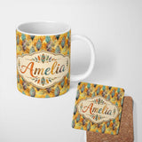 Personalized Custom Name Elegant Feather Leaves Boho Earth Tones Seamless Pattern Design 11oz Ceramic Coffee Tea Mug White Large Handle