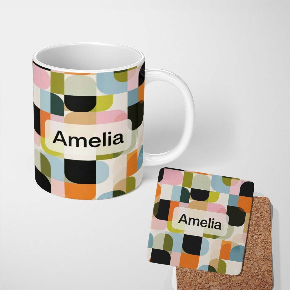 Personalized Custom Name Bold Pink and Green Geometric Floral Pattern Seamless Design Lovely 11oz Ceramic Coffee Tea Mug White Large Handle