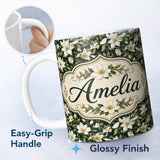 Personalized Custom Name Dark Background Magnolia Style White Flowers with Green Foliage 11oz Ceramic Coffee Tea Mug White Large Handle