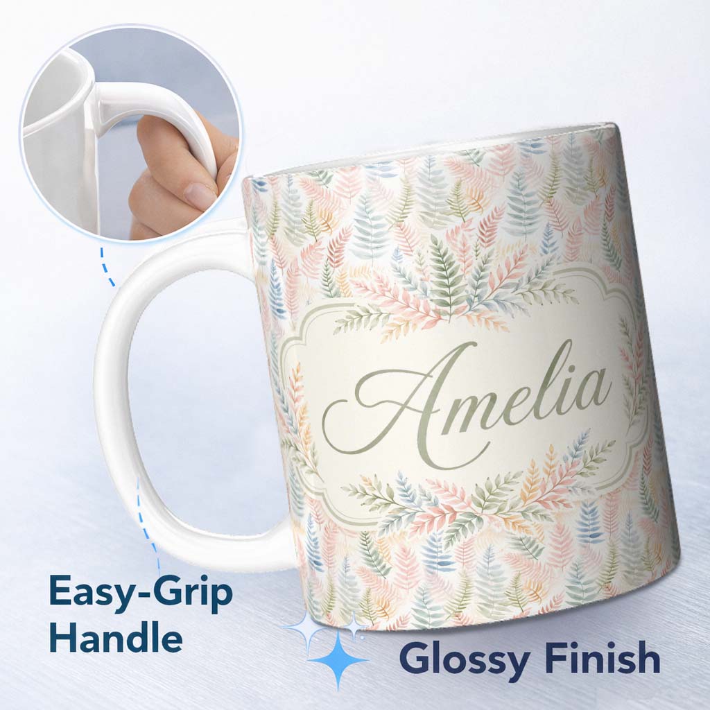 Personalized Custom Name Soft Pastel Fern Leaves on Light Neutral Background Cute Unique Gift 11oz Ceramic Coffee Tea Mug White Large Handle