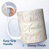 Personalized Custom Name Soft Pastel Fern Leaves on Light Neutral Background Cute Unique Gift 11oz Ceramic Coffee Tea Mug White Large Handle