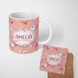 Personalized Custom Name Cute Pink Dolphins and Starfish Seamless Ocean Pattern Peach Lovely 11oz Ceramic Coffee Tea Mug White Large Handle