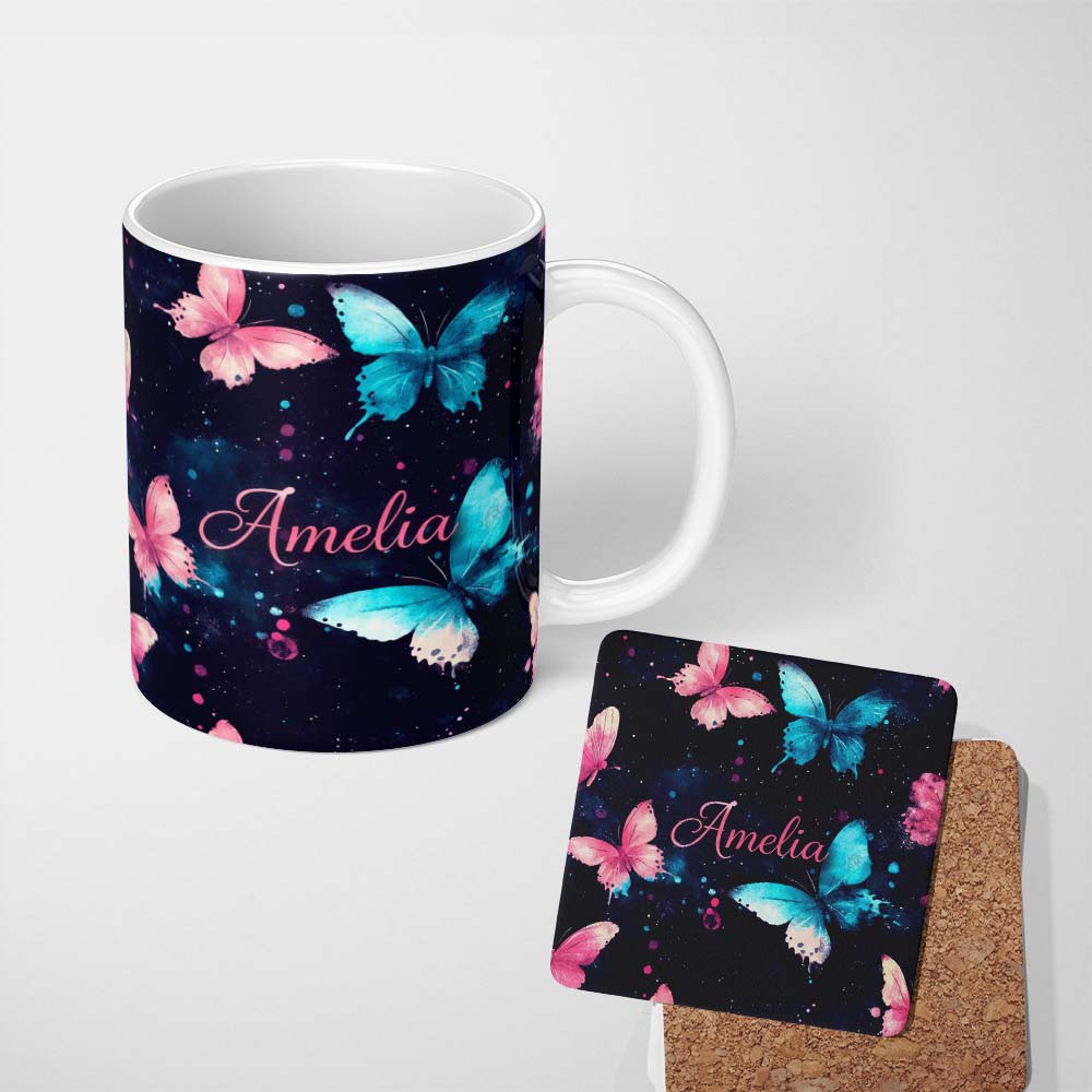 Personalized Custom Name Colorful Neon Rainbow Butterflies Dark Background Seamless Pattern 11oz Ceramic Coffee Tea Mug White Large Handle