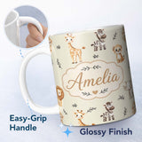 Personalized Custom Name Safari Animals with Elephant Lion and Leopard Cub on Soft Sage 11oz Ceramic Coffee Tea Mug White Large Handle