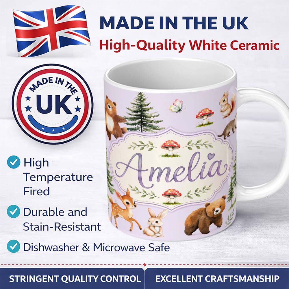 Personalized Custom Name Forest Animals Bear Bunny Squirrel Trees on Soft Lavender Seamless 11oz Ceramic Coffee Tea Mug White Large Handle