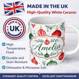 Personalized Custom Name Watercolor Christmas Baubles Ornaments Festive Seamless Pattern 11oz Ceramic Coffee Tea Mug White Large Handle