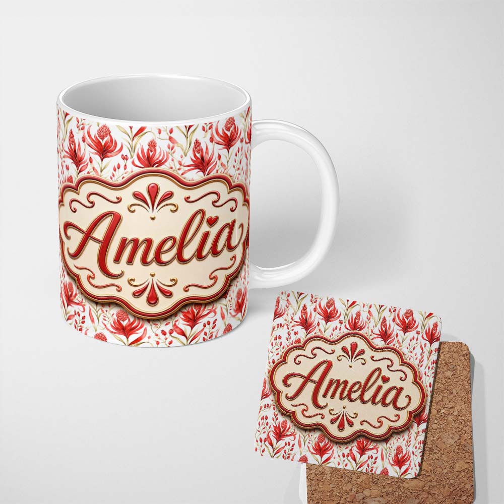 Personalized Custom Name Elegant Red Black Floral Scroll Seamless Pattern Cute Unique Gift 11oz Ceramic Coffee Tea Mug White Large Handle