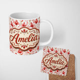 Personalized Custom Name Elegant Red Black Floral Scroll Seamless Pattern Cute Unique Gift 11oz Ceramic Coffee Tea Mug White Large Handle