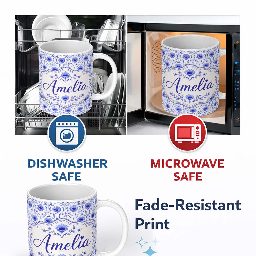 Personalized Custom Name Artistic Lavender Floral Pattern with Muted Tones and Fine Detail 11oz Ceramic Coffee Tea Mug White Large Handle