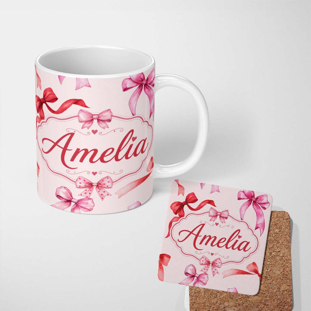 Personalized Custom Name Watercolor Red and Pink Ribbon Bows Neutral Cream Background Cute 11oz Ceramic Coffee Tea Mug White Large Handle