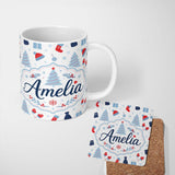 Personalized Custom Name Christmas Gifts Stockings Mittens and Trees Seamless Festive Holiday 11oz Ceramic Coffee Tea Mug White Large Handle