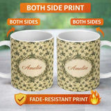 Personalized Custom Name Delicate Beige Floral Star Vine Seamless Pattern Cute Unique Gift 11oz Ceramic Coffee Tea Mug White Large Handle