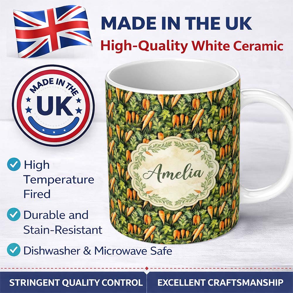 Personalized Custom Name Realistic Carrot Garden Botanical Seamless Pattern Cute Unique Gift 11oz Ceramic Coffee Tea Mug White Large Handle